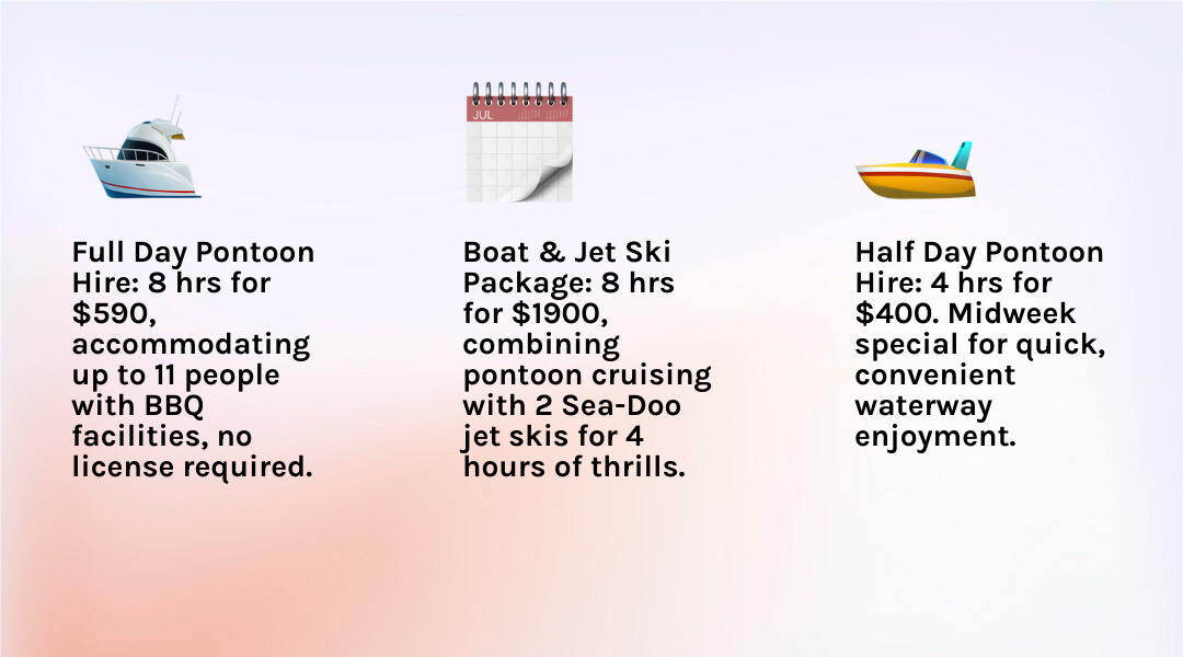 Infographic detailing the inclusions and benefits of GC Jet Ski's Full Day Pontoon Hire, Half Day Pontoon Hire, and Boat & Jet Ski Package, highlighting BBQ facilities, BYOB policy, capacity, and the option to add jet skis - Jet Ski Rental Gold Coast infographic 3_facts_emoji_light-gradient