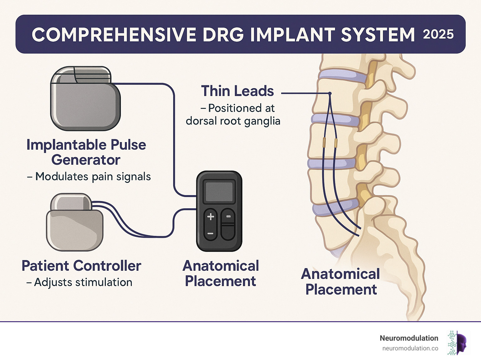 Comprehensive DRG implant system showing the implantable pulse generator, thin leads positioned at dorsal root ganglia, patient controller device, and anatomical placement within the spine with clear labeling of all components and their specific functions in pain signal modulation - drg implant infographic 
