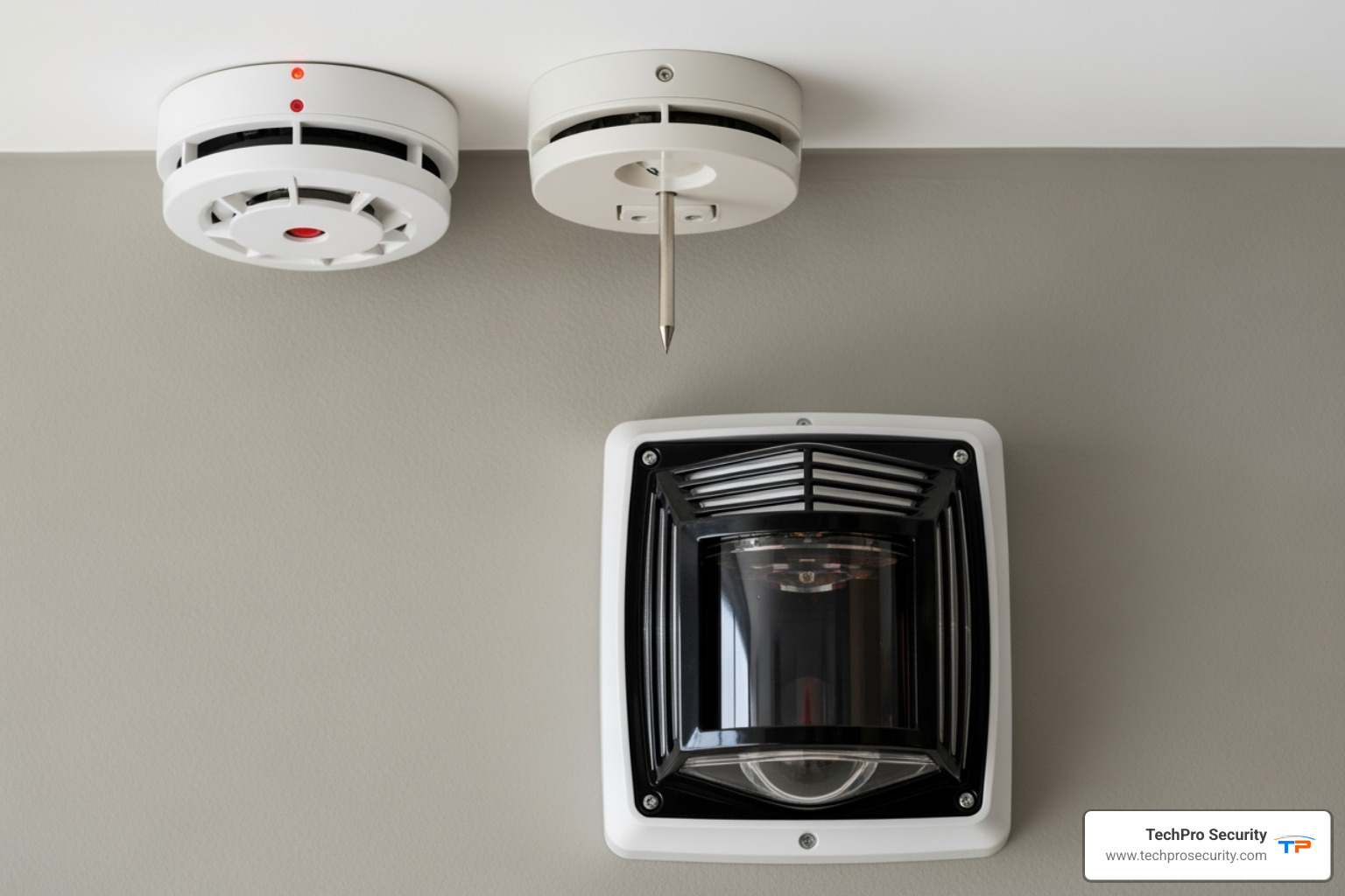image showing different types of detectors like smoke, heat, and flame detectors - automatic fire alarm system