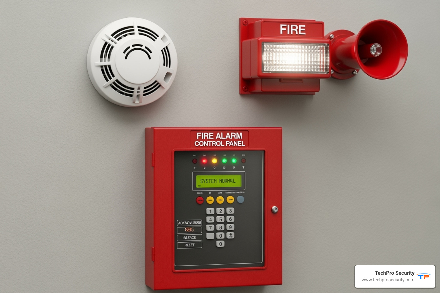 image of the three main components: a control panel, a smoke detector, and a horn/strobe notification device - automatic fire alarm system