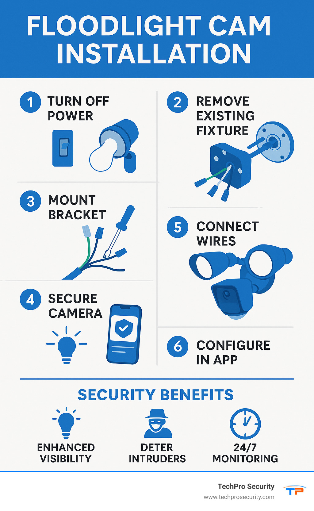 Comprehensive infographic showing floodlight camera installation steps: power disconnection at breaker, old fixture removal, bracket mounting to junction box, wire connections with color coding, camera attachment, and final app setup with security benefits highlighted - floodlight cam installation infographic 