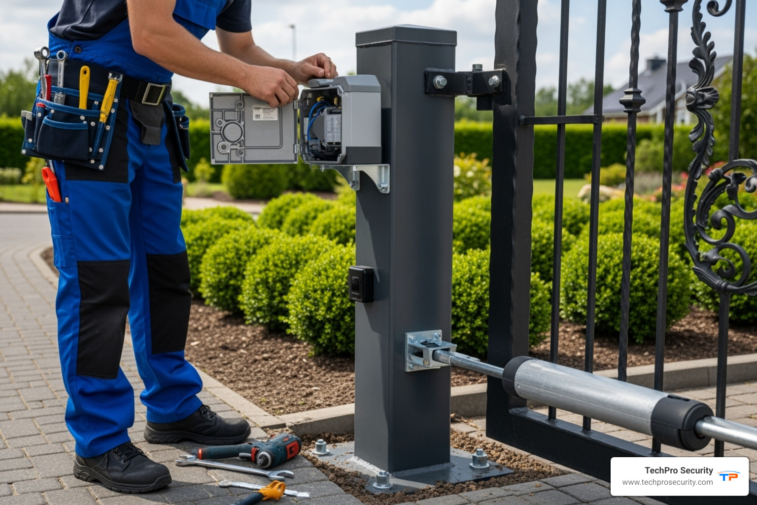 technician installing a gate motor onto a post - Electric gate installation