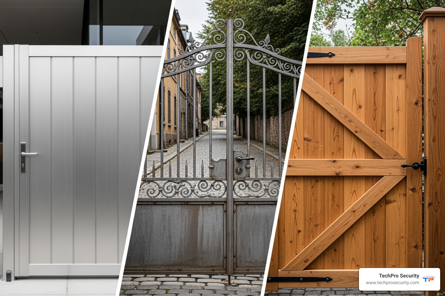 collage showing gates made from different materials like aluminum, steel, and wood - Electric gate installation
