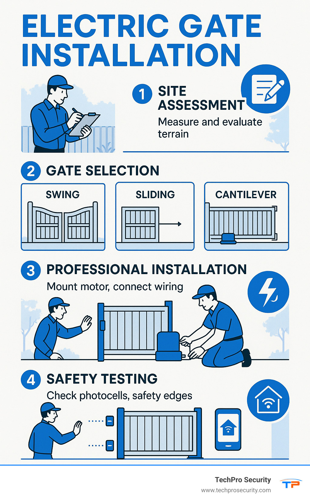 Comprehensive infographic showing the 5 key steps of electric gate installation: site assessment with measurements and terrain evaluation, gate type selection comparing swing vs sliding vs cantilever options, professional installation process including motor mounting and electrical connections, safety testing with photocells and safety edges, and final programming with smart home integration options - Electric gate installation infographic 