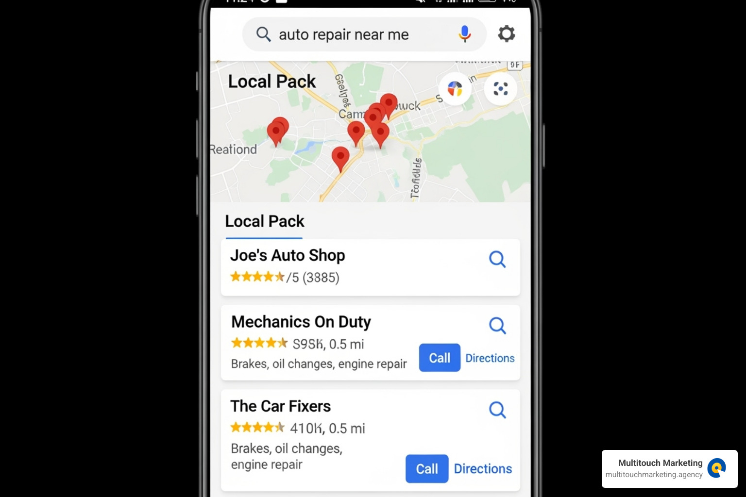 Google search results page showing local pack results for "auto repair near me" - Automotive shop marketing