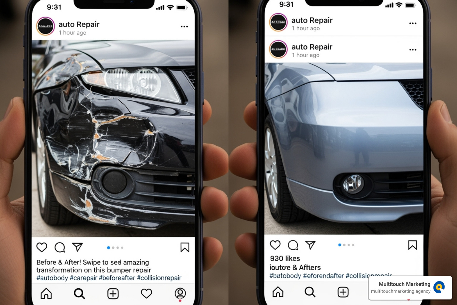auto shop's engaging Instagram post showing a before-and-after repair - Automotive shop marketing