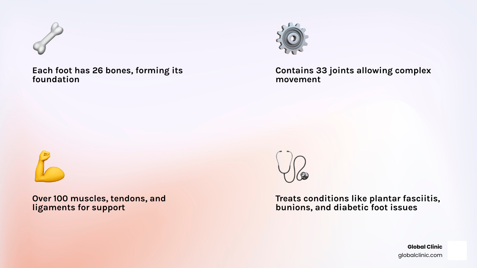 Comprehensive infographic showing the anatomy of the human foot with 26 bones, 33 joints, and over 100 muscles and tendons labeled, plus common conditions treated by foot doctors including plantar fasciitis, bunions, heel spurs, and diabetic foot care - foot doctor infographic 4_facts_emoji_light-gradient Comprehensive infographic showing the anatomy of the human foot with 26 bones, 33 joints, and over 100 muscles and tendons labeled, plus common conditions treated by foot doctors including plantar fasciitis, bunions, heel spurs, and diabetic foot care - foot doctor infographic 4_facts_emoji_light-gradient