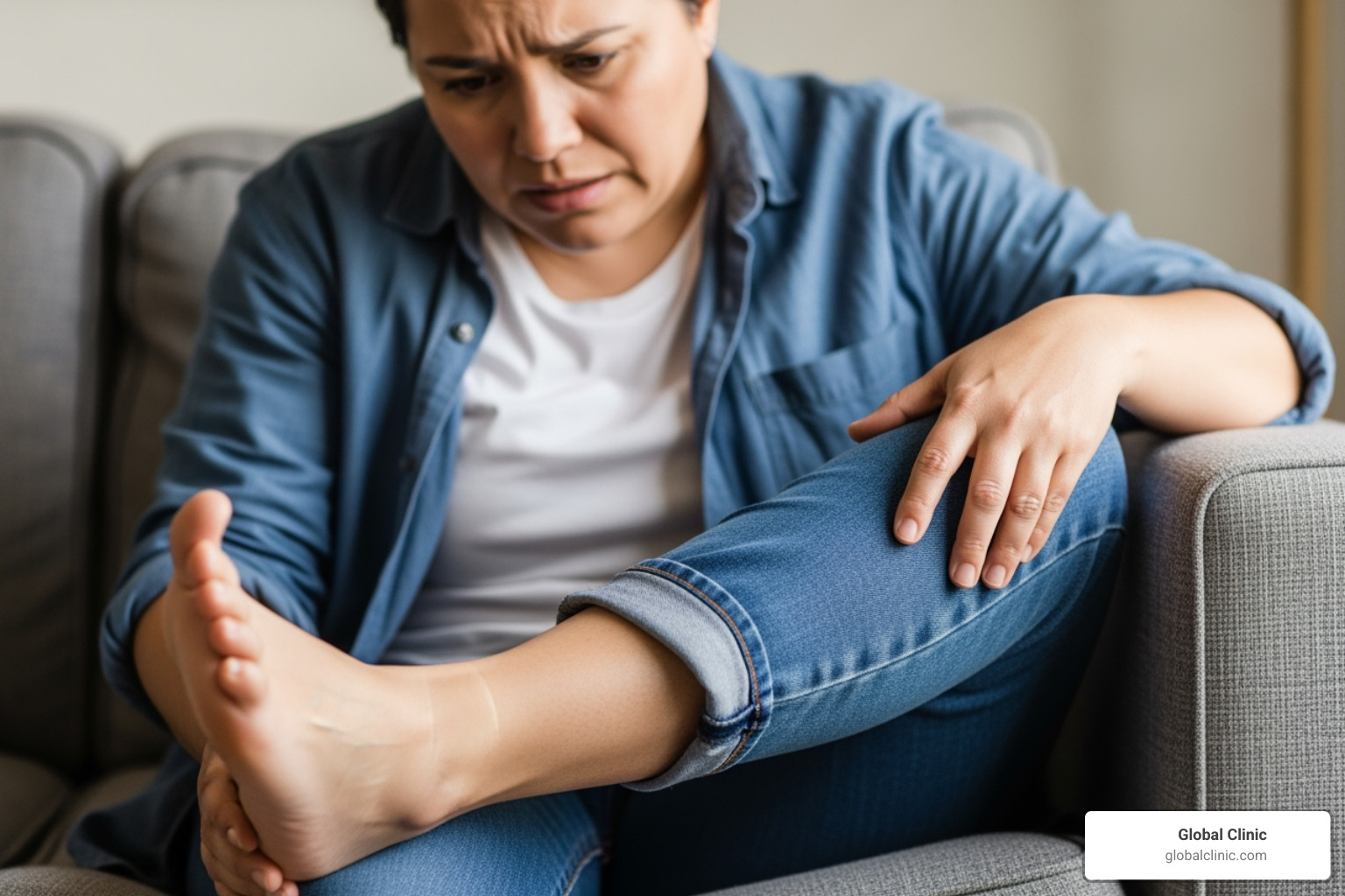 A person sitting on a couch examining their own foot with a concerned expression - foot doctor A person sitting on a couch examining their own foot with a concerned expression - foot doctor