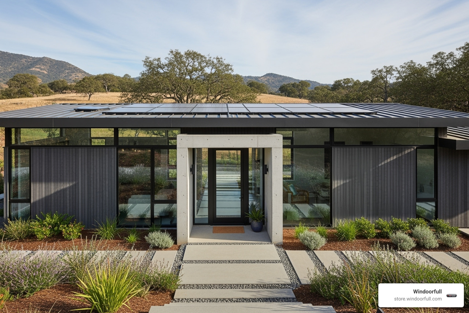 home featuring innovative materials like solar roof tiles and high-performance windows - building materials usa