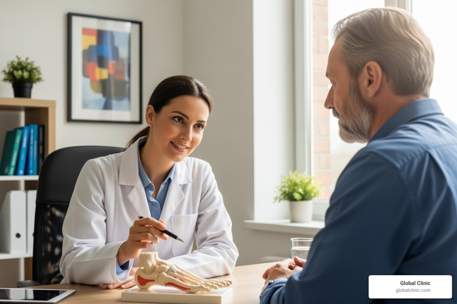 A friendly doctor and patient in a modern clinic room, engaged in a consultation with the doctor pointing to a foot model - foot doctor A friendly doctor and patient in a modern clinic room, engaged in a consultation with the doctor pointing to a foot model - foot doctor