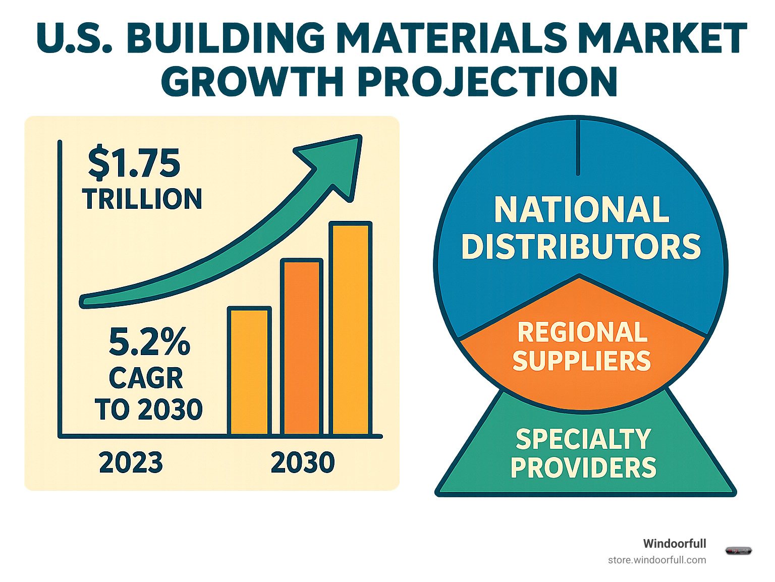 U.S. Building Materials Market Growth Projection showing market size of USD 1.75 trillion in 2023 growing at 5.2% CAGR to 2030, with breakdown of major supplier categories including national distributors, regional suppliers, and specialty providers - building materials usa infographic 