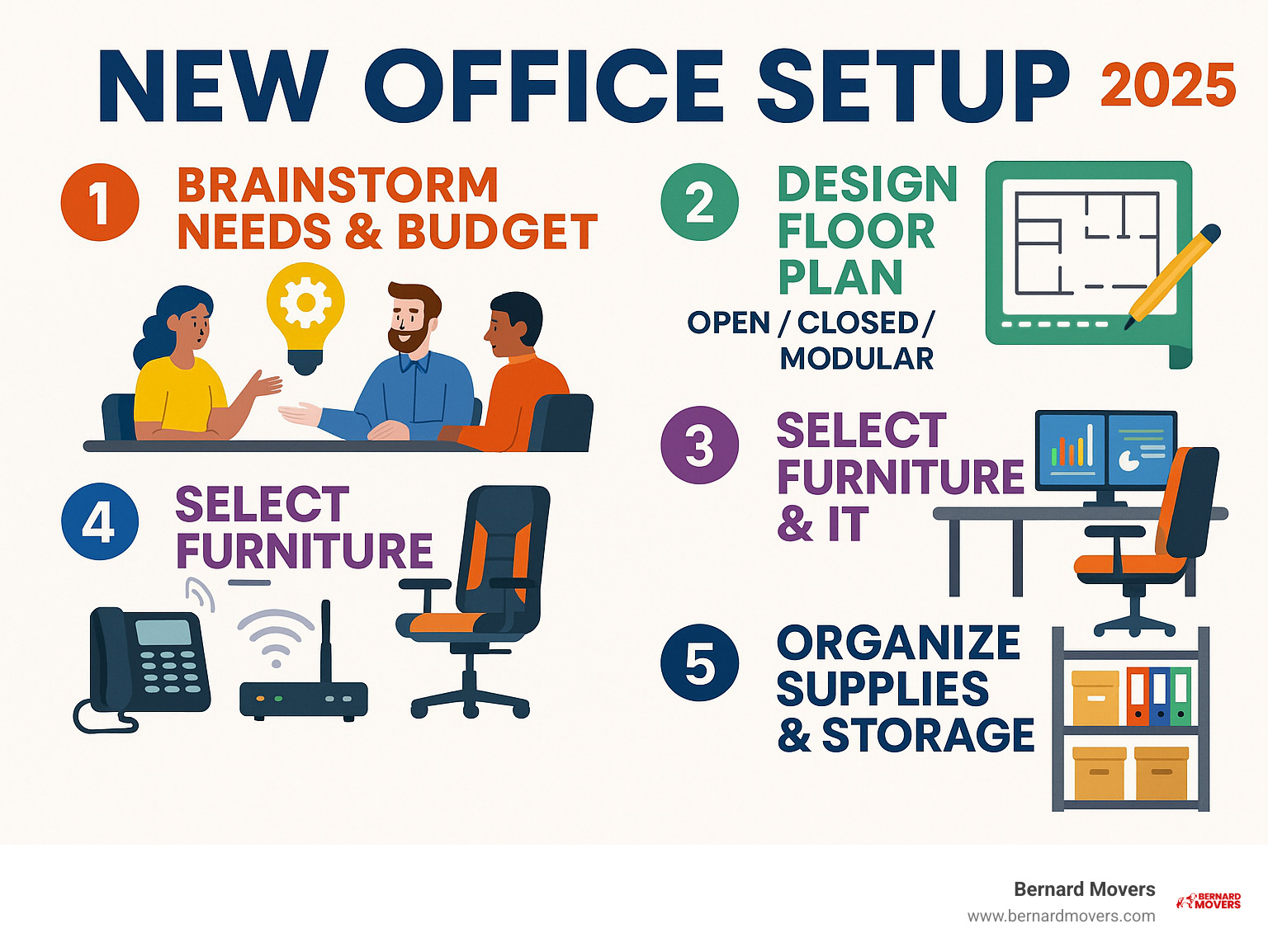 Infographic showing the 5 essential steps to setting up a new office: 1) Brainstorm needs and budget with team collaboration, 2) Design floor plan choosing between open/closed/modular layouts, 3) Select ergonomic furniture and IT equipment including dual monitors, 4) Install communication systems and reliable internet, 5) Organize supplies with proper storage solutions - New office setup infographic 