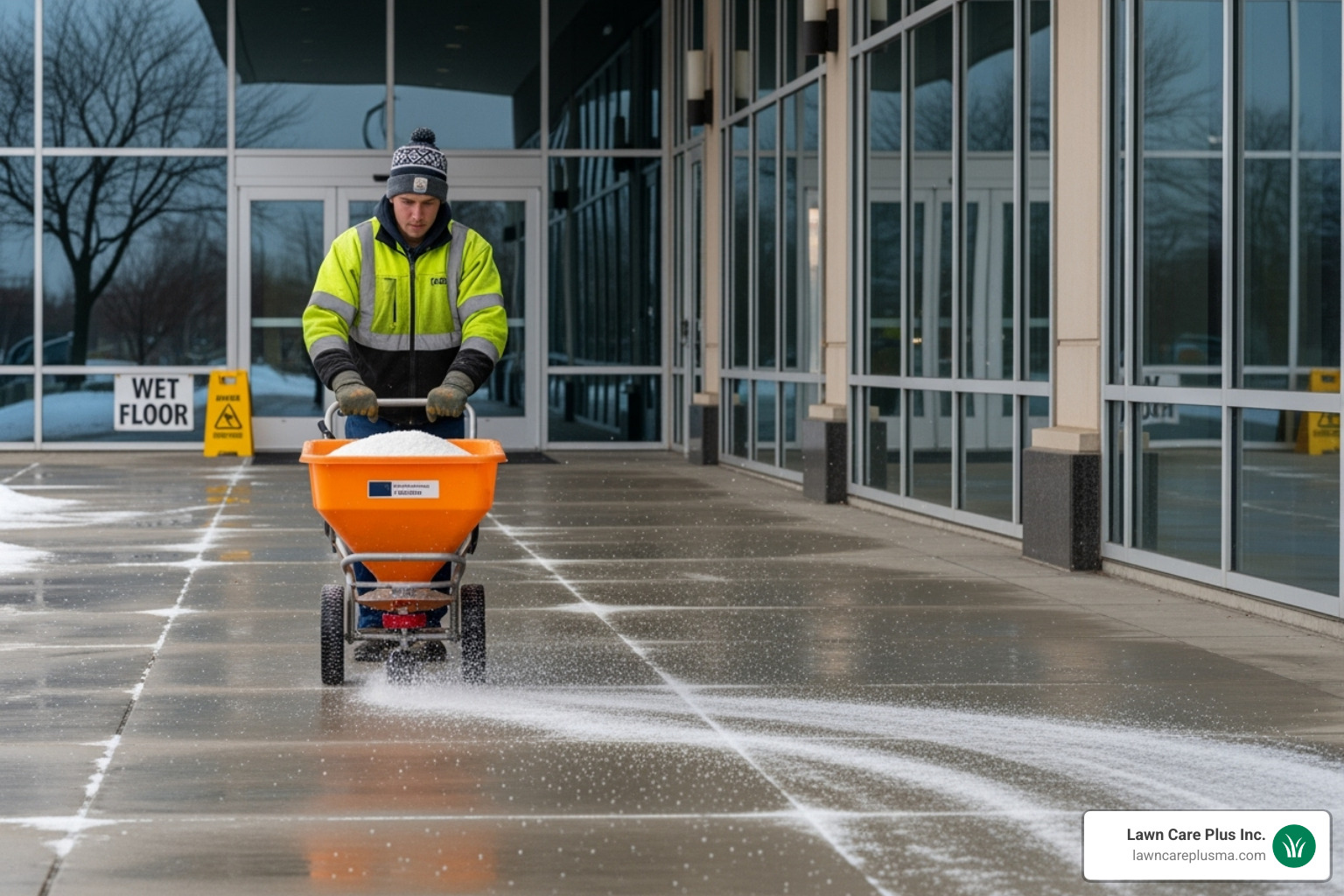 professional applying de-icing salt to a commercial walkway - commercial snow removal company near me