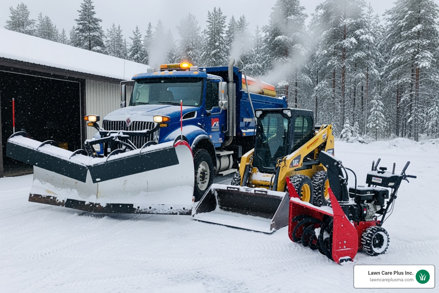 various snow removal equipment (plow truck, skid steer, snow blower) ready for action - commercial snow removal company near me
