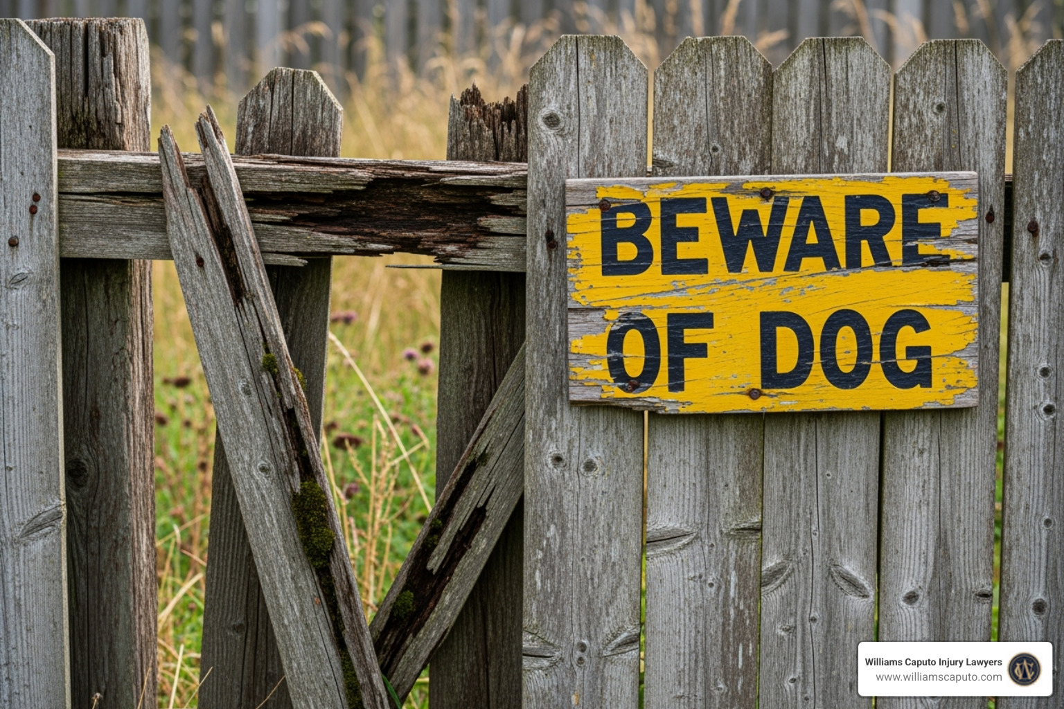 a broken fence with a "Beware of Dog" sign - dog bite laws dallas texas
