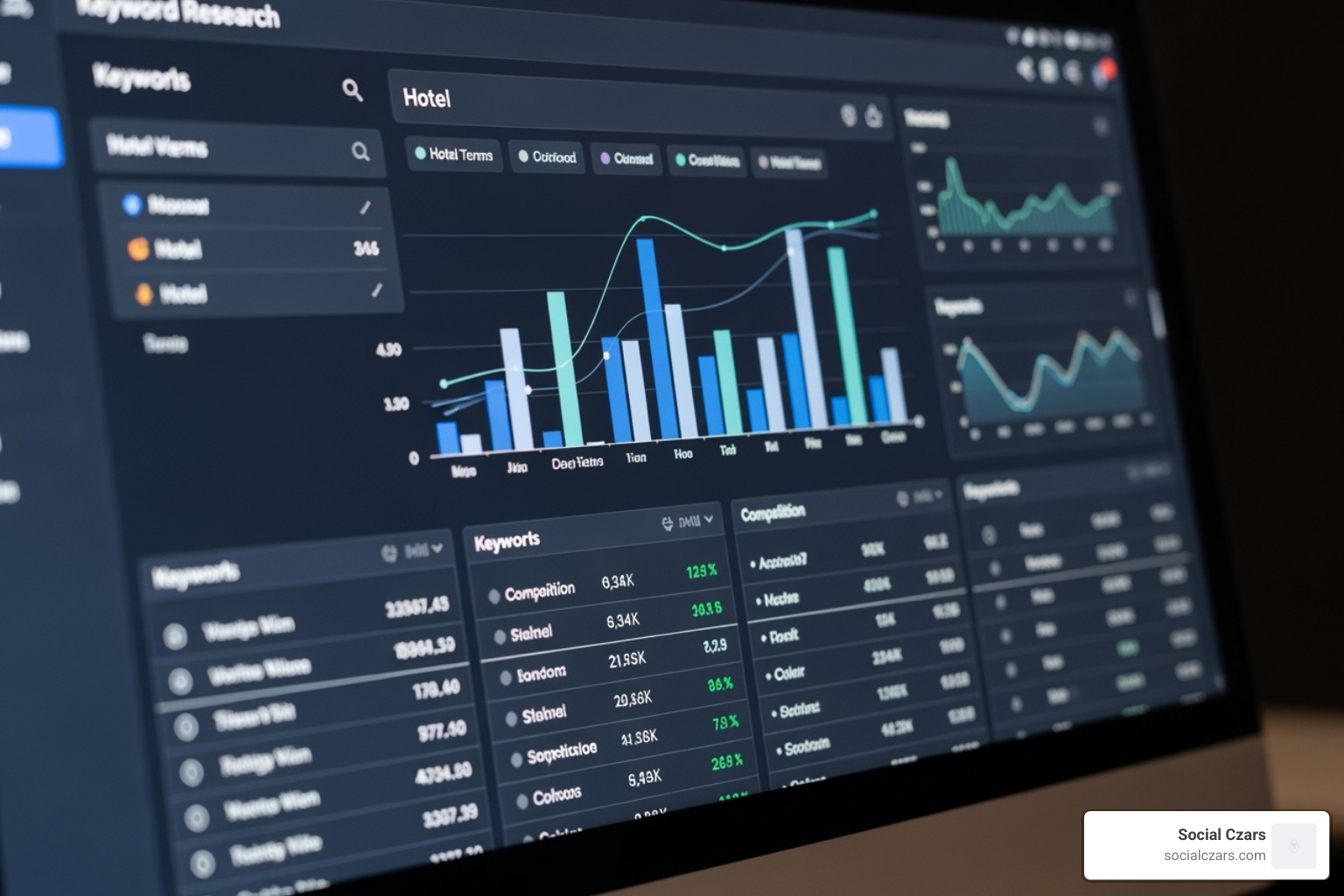 A keyword research tool showing hotel-related search terms and their search volumes - SEO for hotels