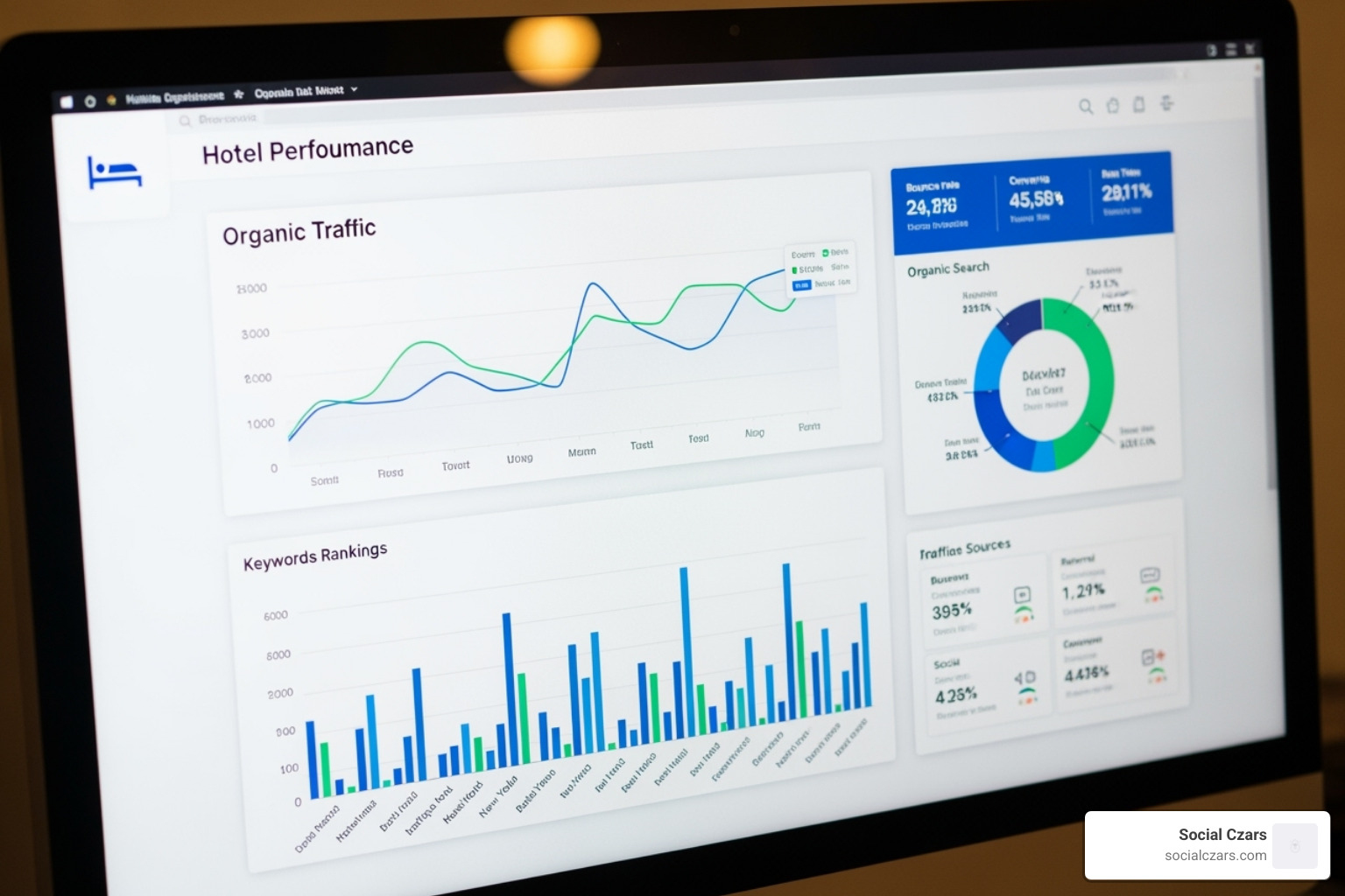 A dashboard showing key SEO performance metrics for a hotel website - SEO for hotels