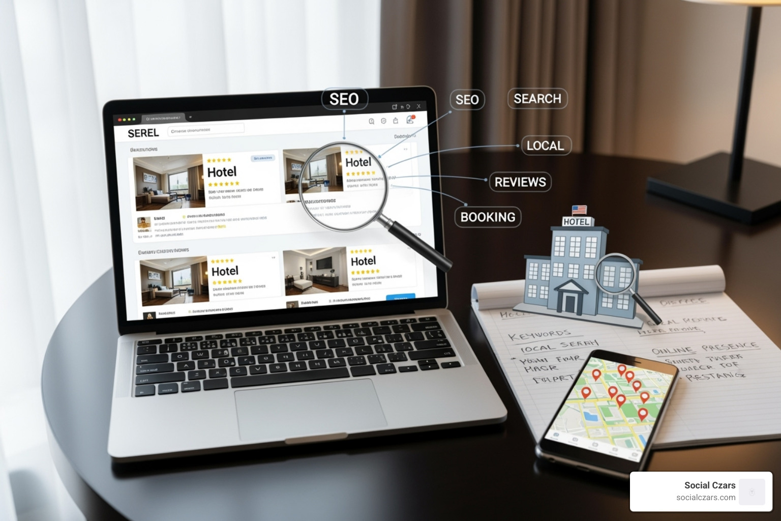 A Google Maps search result showing the local "snack pack" for hotels - SEO for hotels