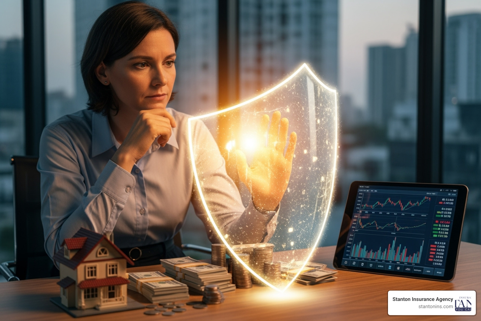 person looking at assets with a protective shield - personal liability insurance definition