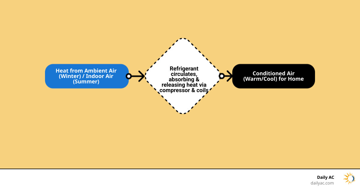 Detailed infographic showing the heat pump refrigeration cycle with outdoor unit extracting heat from ambient air, compressor increasing temperature, indoor unit distributing warm air through home in heating mode, and reverse process for cooling mode - install heat pump system infographic flowmap_simple