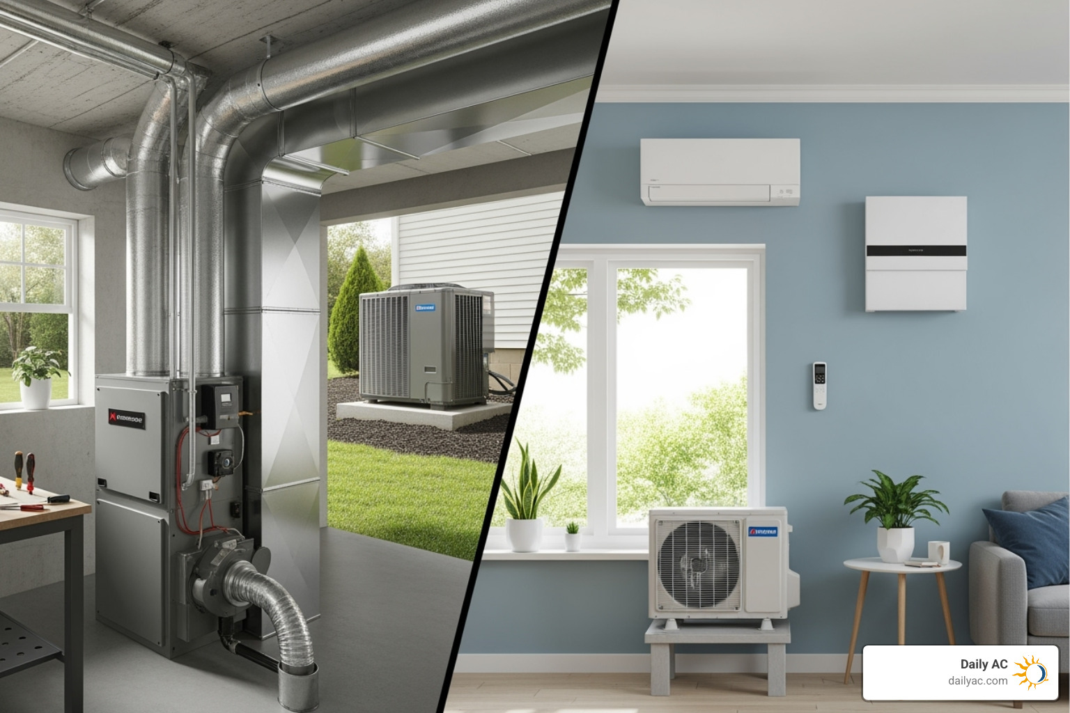 split-screen of a ducted central heat pump system and a ductless mini-split unit - install heat pump system