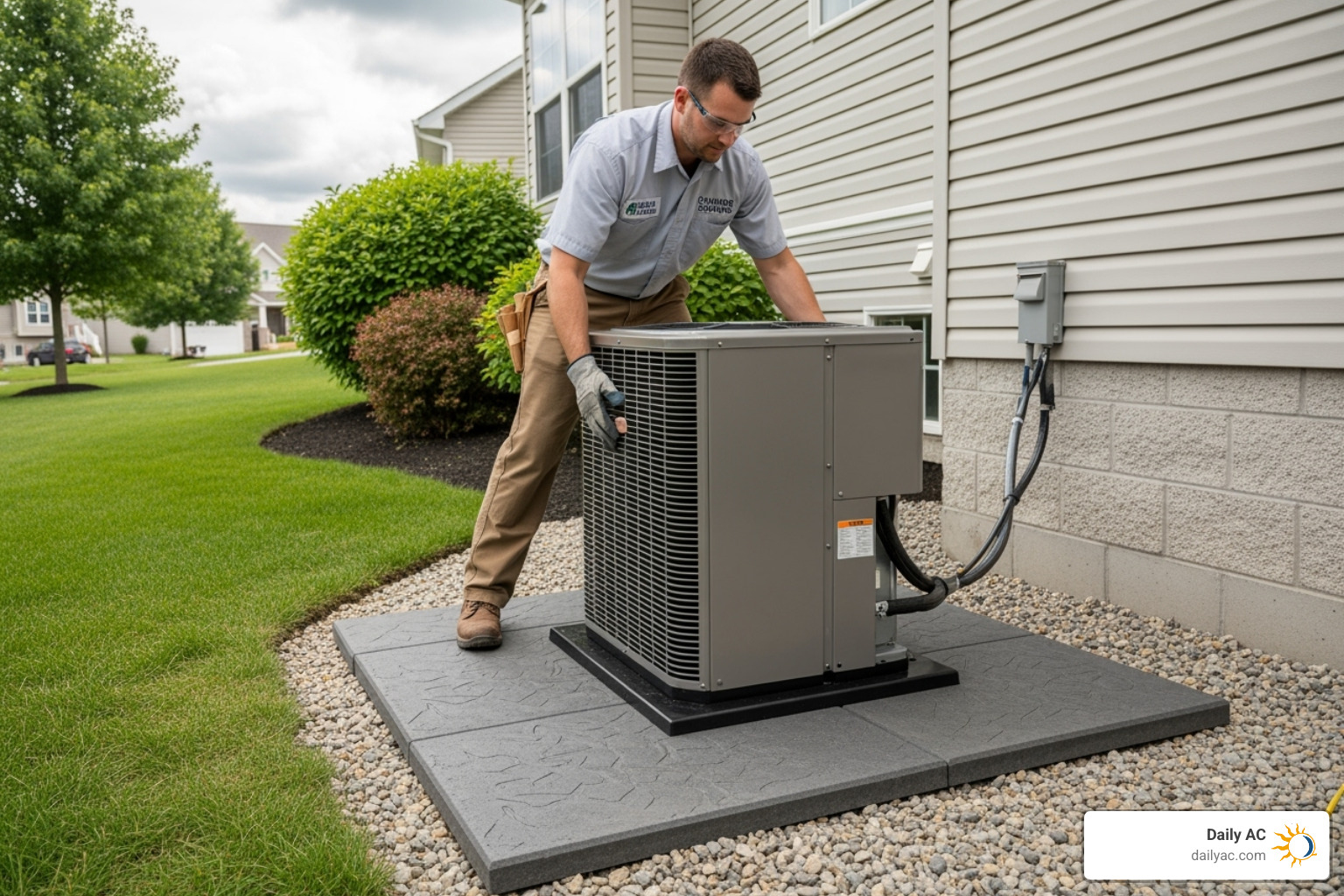 certified technician carefully placing a new outdoor heat pump unit on a composite pad - install heat pump system