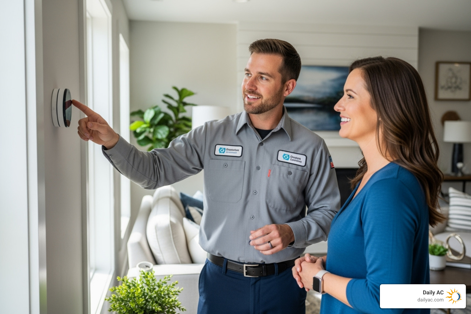 friendly technician showing a homeowner how to use their new smart thermostat - install heat pump system