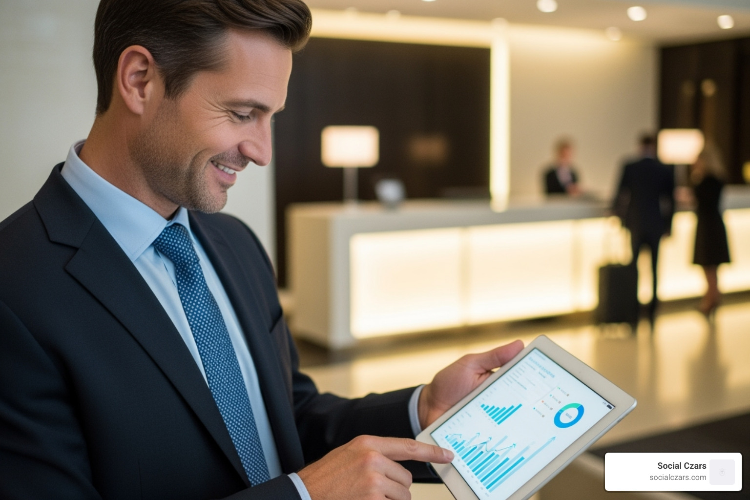 hotel manager smiling while looking at a tablet showing positive growth charts - hotel SEO strategy hotel manager smiling while looking at a tablet showing positive growth charts - hotel SEO strategy