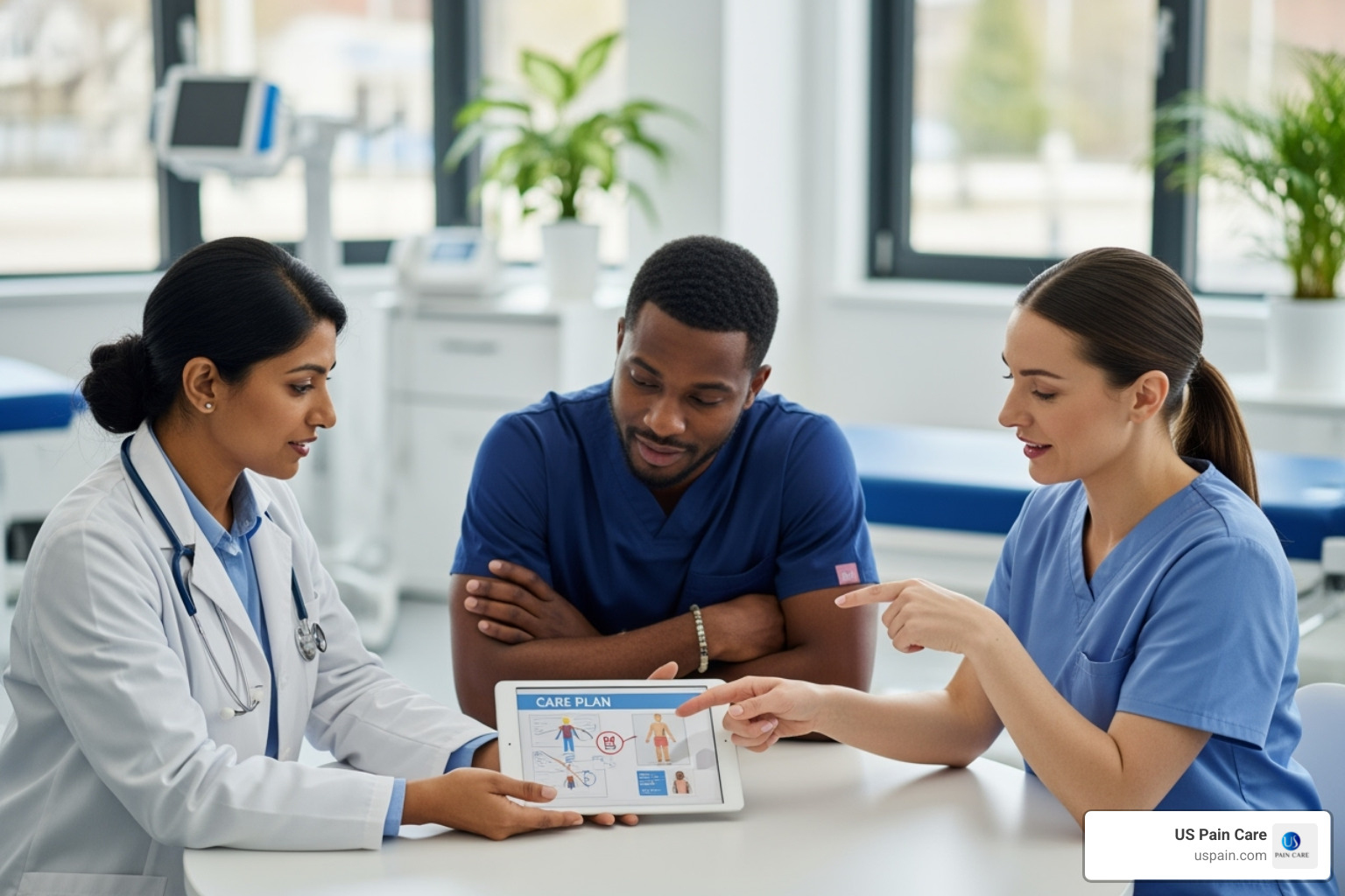 diverse team of specialists (doctor, therapist, physical therapist) collaborating - mind body pain clinic