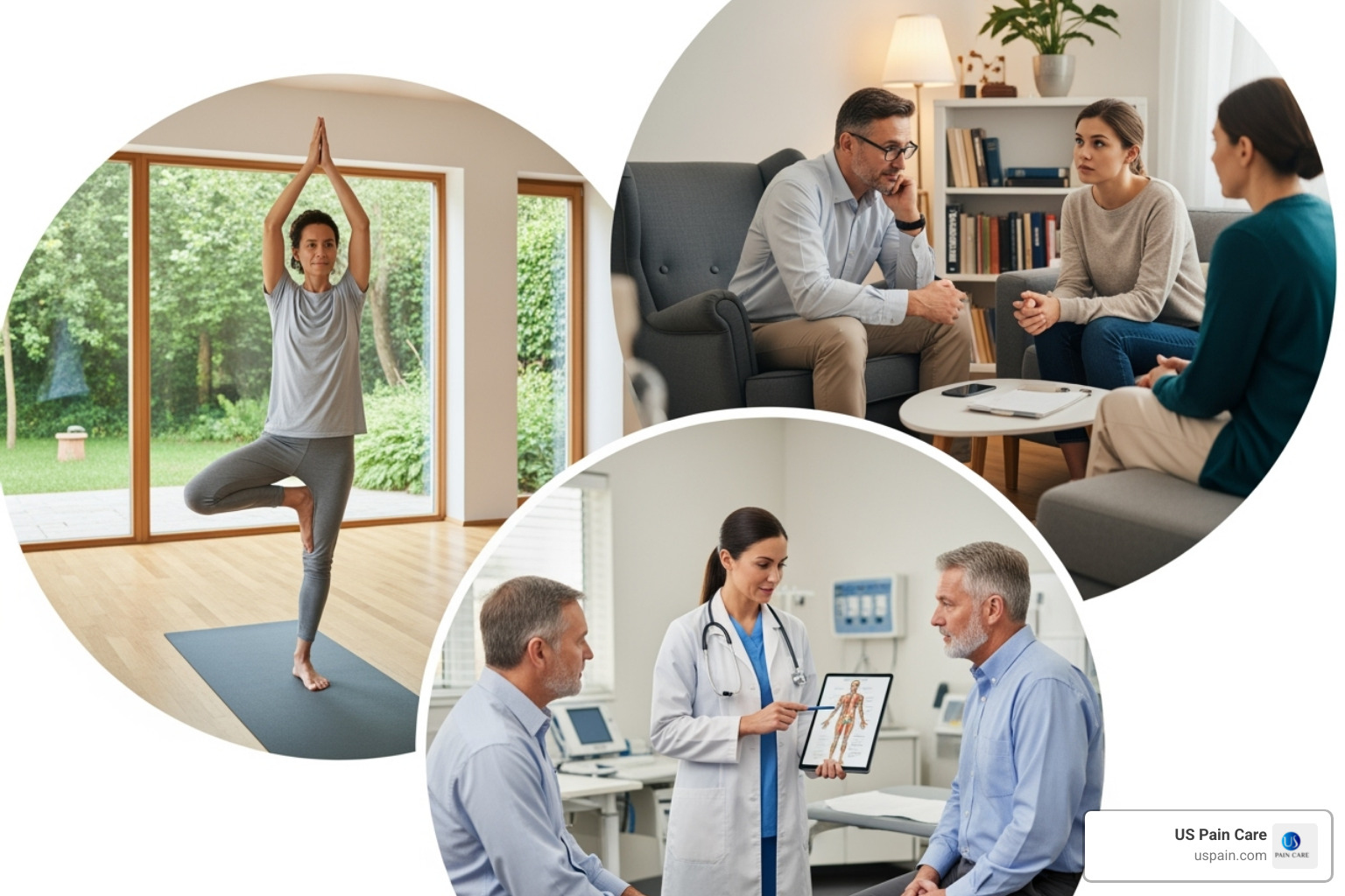 collage showing different therapies: a gentle yoga pose, a counseling session, and a medical professional explaining a procedure - mind body pain clinic