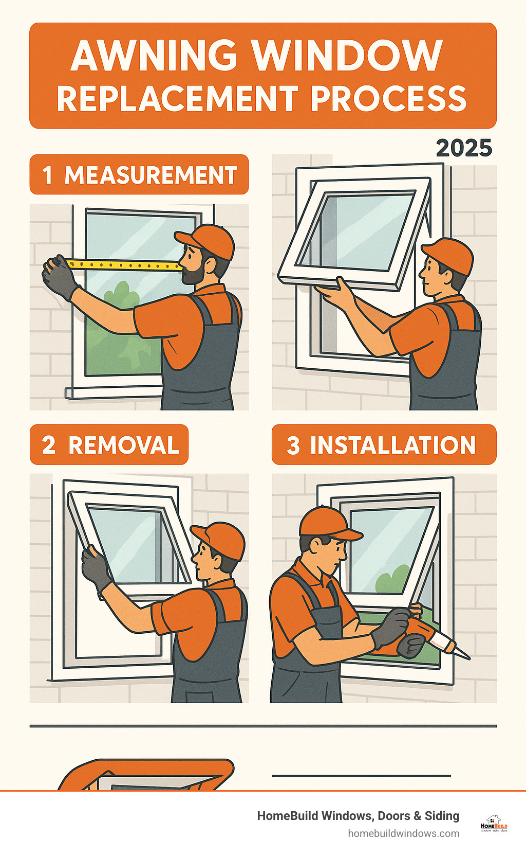 Step-by-step awning window replacement process showing measurement, removal, installation, and sealing phases with professional installer - awning windows replacement infographic 