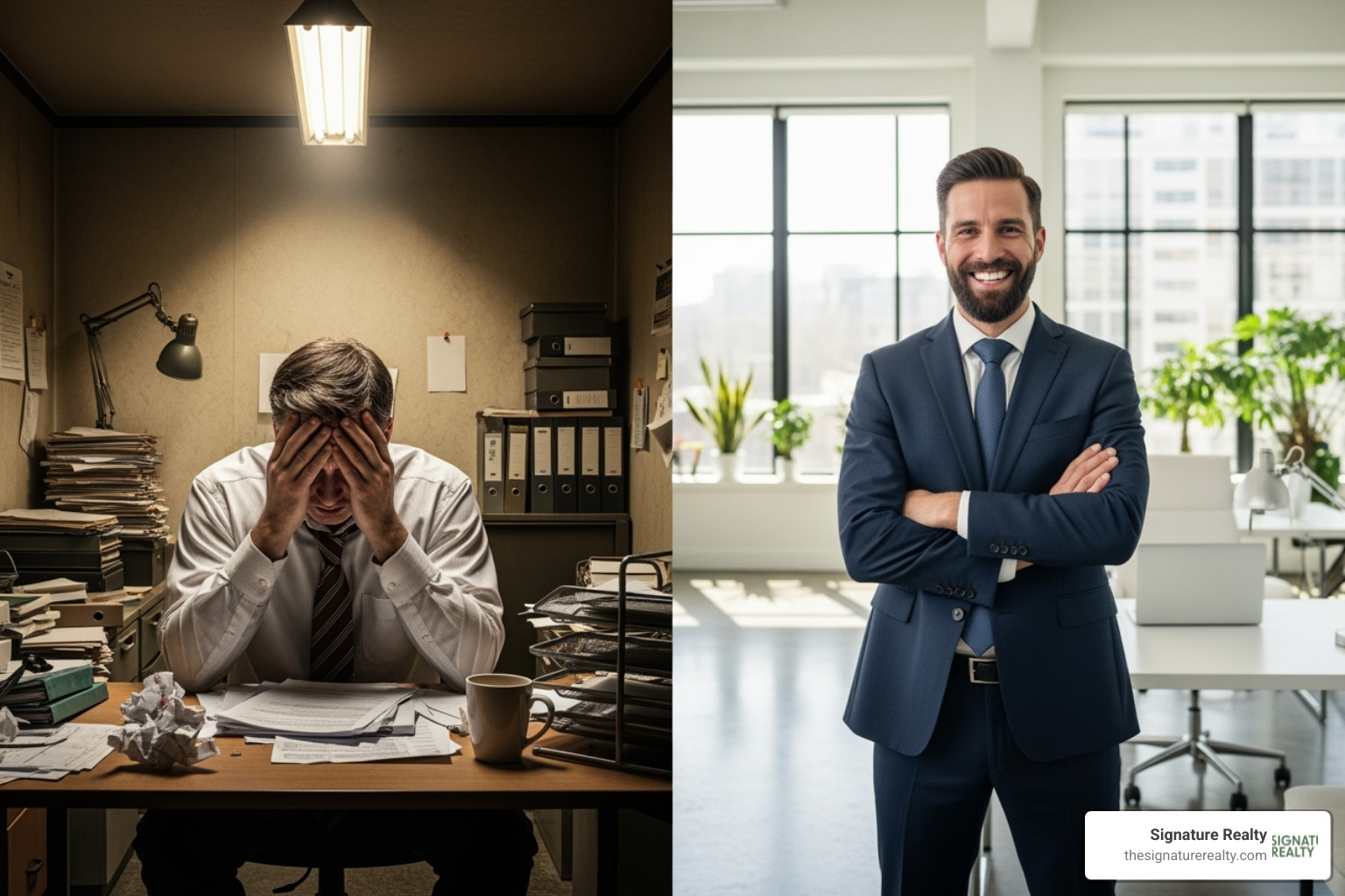 split-screen showing a frustrated business owner on one side and a successful, happy business owner in their new space on the other - commercial lease negotiation lawyer