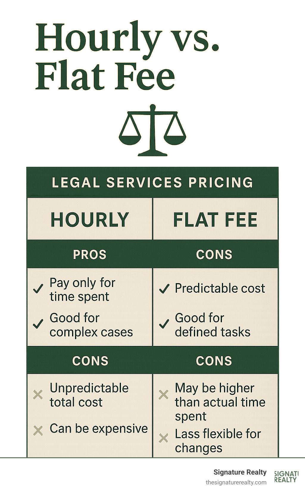Table comparing Hourly vs. Flat Fee structures for legal services, with pros and cons for each. Hourly: Pros - Pay only for time spent, good for complex cases. Cons - Unpredictable total cost, can be expensive. Flat Fee: Pros - Predictable cost, good for defined tasks. Cons - May be higher than actual time spent, less flexible for changes. - commercial lease negotiation lawyer infographic 