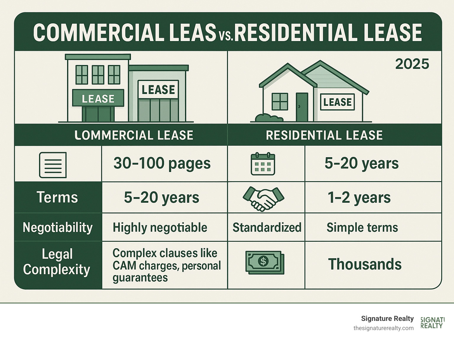 Infographic showing the key differences between a commercial and residential lease, including length (30-100 pages vs 5-10 pages), terms (5-20 years vs 1-2 years), negotiability (highly negotiable vs standardized), legal complexity (complex clauses like CAM charges, personal guarantees vs simple terms), and financial impact (millions in long-term costs vs thousands) - commercial lease negotiation lawyer infographic 
