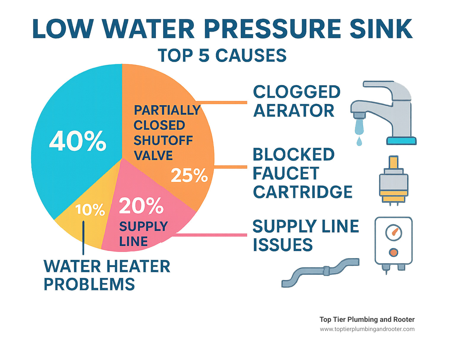 Infographic showing the top 5 causes of low sink water pressure: clogged aerator at 40%, partially closed shutoff valve at 25%, blocked faucet cartridge at 20%, supply line issues at 10%, and water heater problems at 5% - Low water pressure sink infographic  Infographic showing the top 5 causes of low sink water pressure: clogged aerator at 40%, partially closed shutoff valve at 25%, blocked faucet cartridge at 20%, supply line issues at 10%, and water heater problems at 5% - Low water pressure sink infographic