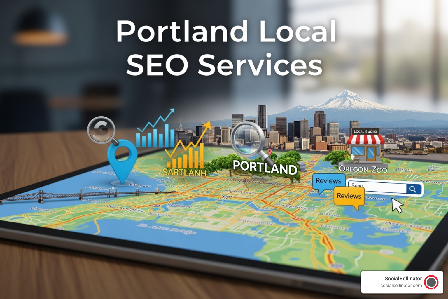 A smartphone screen displaying a well-optimized Google Business Profile for a fictional Portland cafe, showing business hours, reviews, photos, and a map location. - portland local seo services