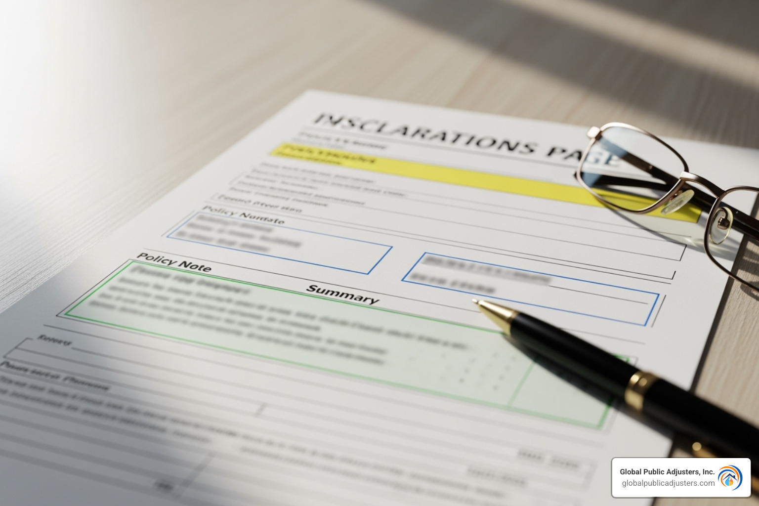 Sample insurance declarations page with key sections highlighted - Insurance policy expert