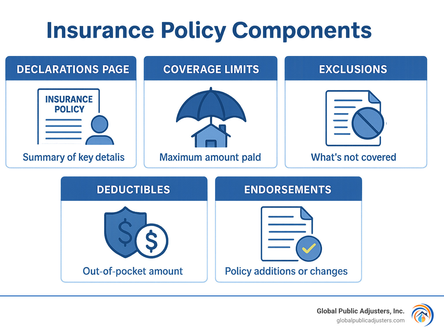 Comprehensive breakdown of insurance policy components including declarations page, coverage limits, exclusions, deductibles, and endorsements with visual examples of each section - Insurance policy expert infographic 
