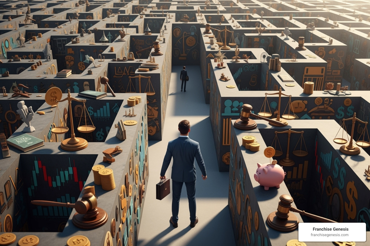 person navigating a maze made of legal and financial symbols - Franchise consulting services