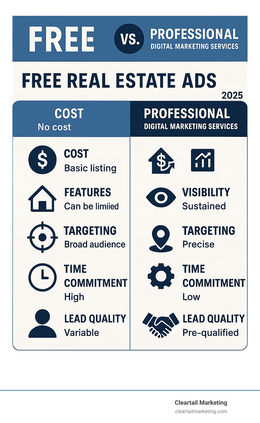 COMPARISON OF FEATURES OF FREE VS. PROFESSIONAL DIGITAL MARKETING SERVICES - FREE POST ADS FOR REAL ESTATE INFOGRAPHIC COMPARISON OF FEATURES OF FREE VS. PROFESSIONAL DIGITAL MARKETING SERVICES - FREE POST ADS FOR REAL ESTATE INFOGRAPHIC