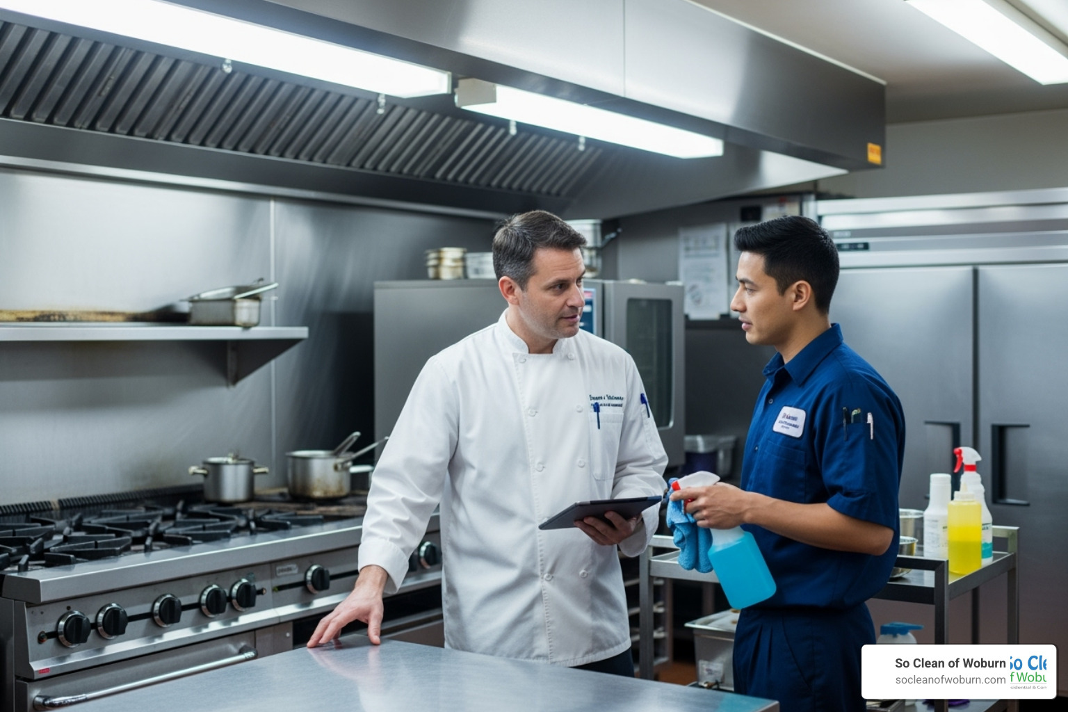 restaurant manager consulting with cleaning professional - commercial kitchen cleaning company