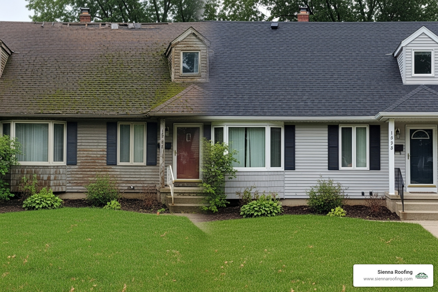 A side-by-side comparison of a suburban home, showing a worn, faded roof on the left and a vibrant, newly installed roof on the right, dramatically improving the home's curb appeal - residential roofing Katy TX