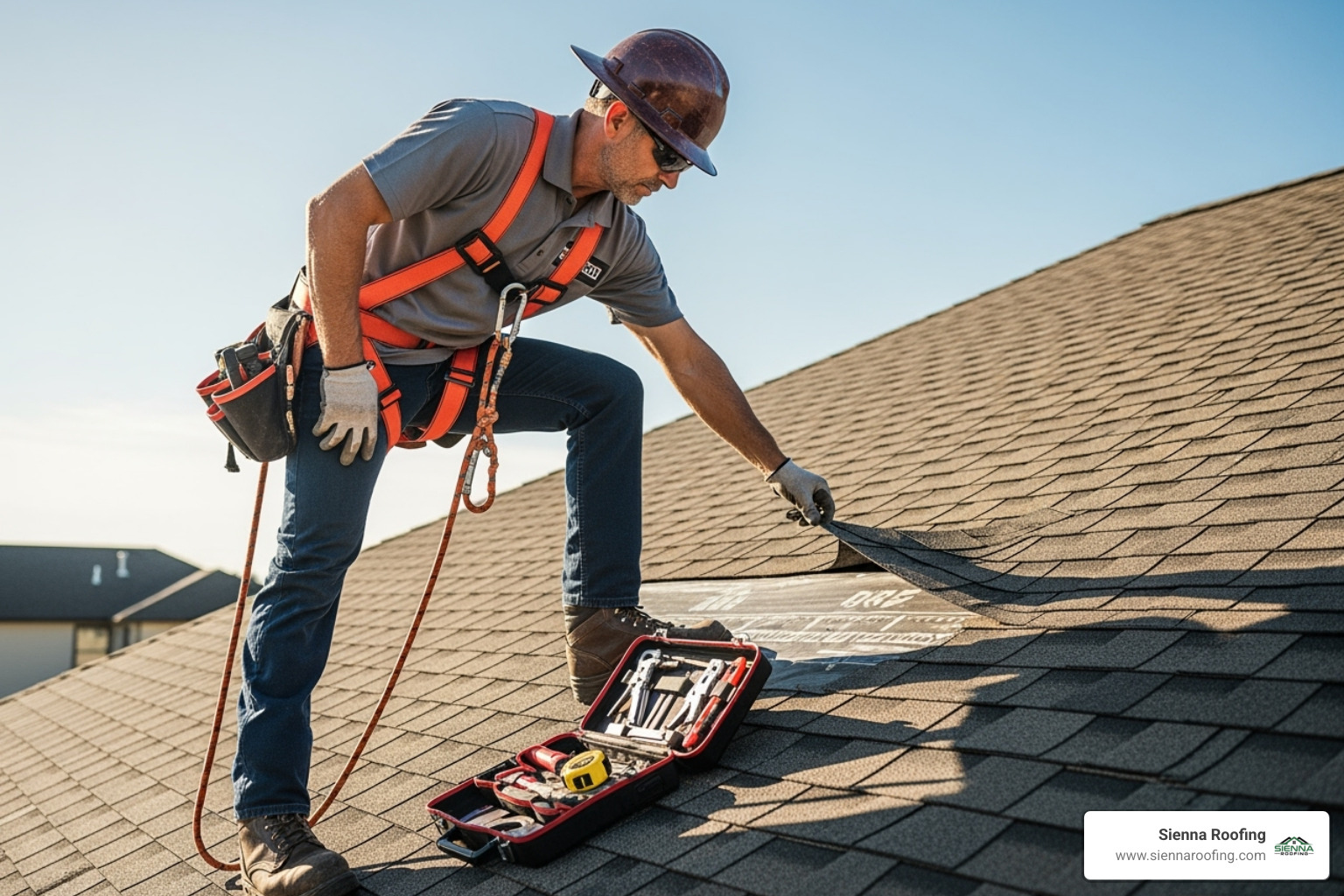 A professional roofing contractor, wearing a safety harness, conducting a thorough inspection of a residential roof, examining shingles and flashing for signs of wear or damage - residential roofing Katy TX