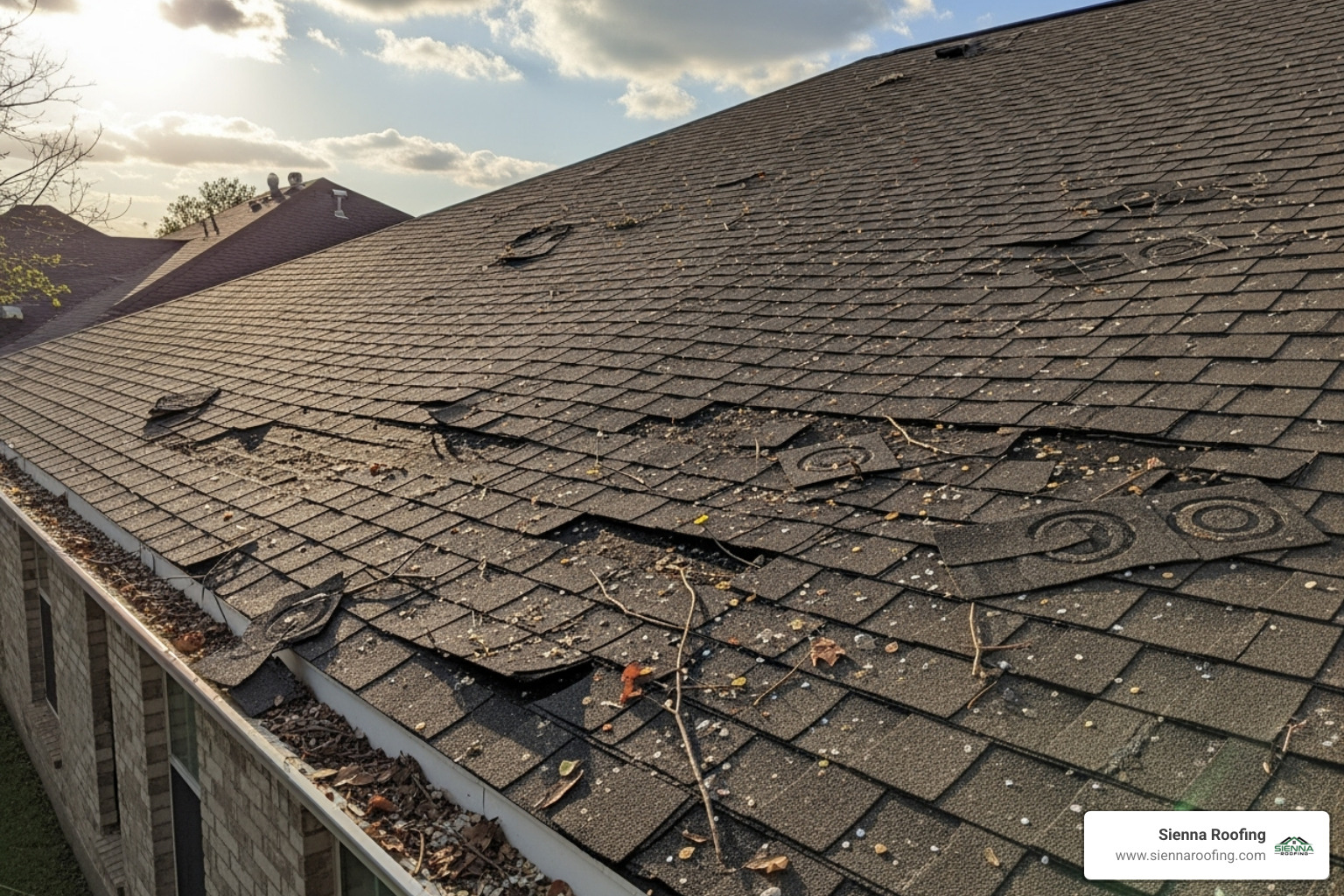 A residential roof in Katy, TX with visible hail damage, including missing and cracked shingles, indicating the need for immediate repair - residential roofing Katy TX