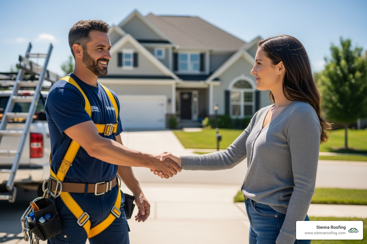 A friendly roofing contractor, wearing a safety harness, is shaking hands with a homeowner on their property, signifying a trusted partnership and agreement for roofing services - residential roofing Katy TX
