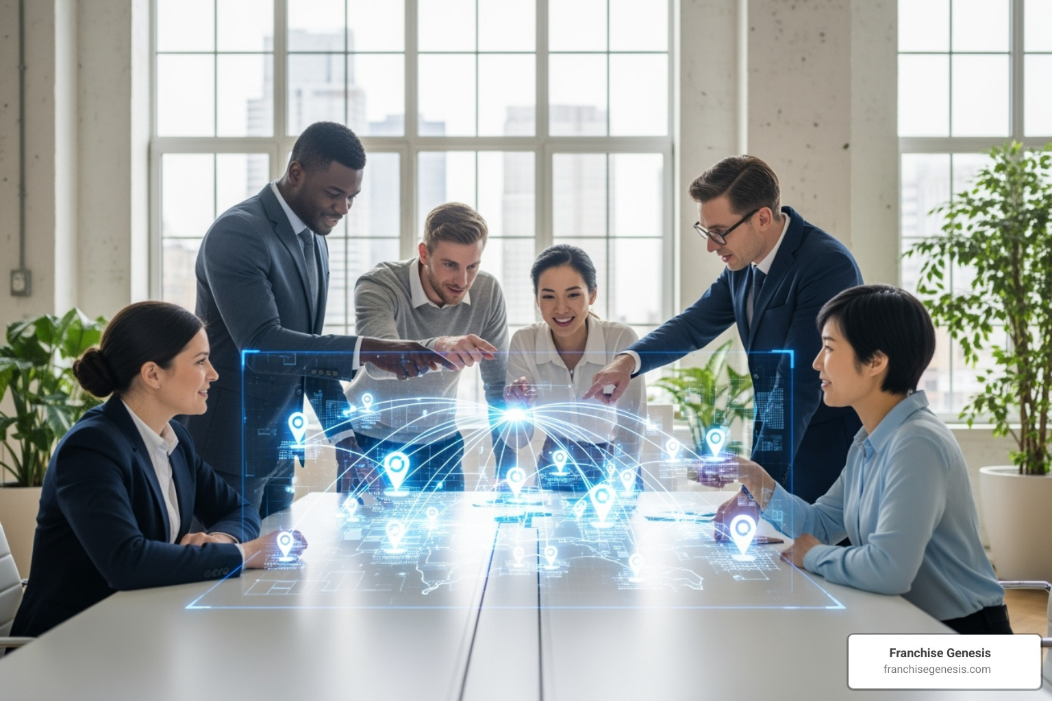diverse business owners collaborating with a holographic projection of a growing franchise network - what is the future of franchising