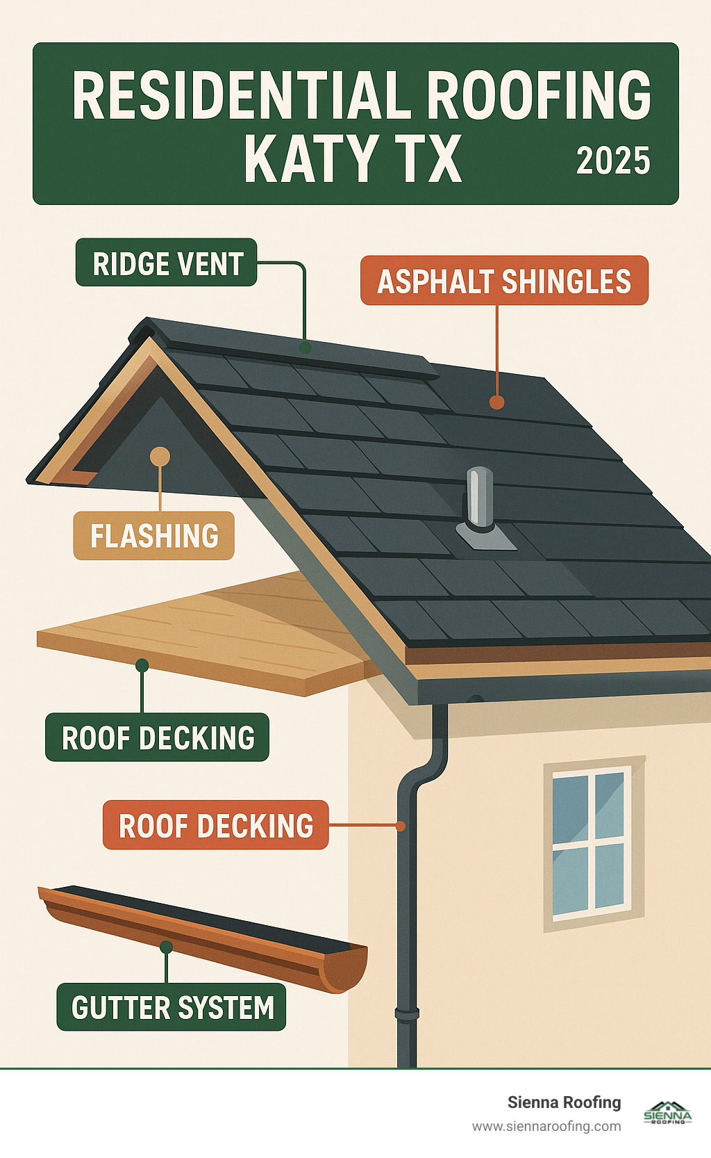 Comprehensive residential roofing system components including roof decking, underlayment, asphalt shingles, flashing around penetrations, ridge vents for ventilation, and gutter system for water management - residential roofing Katy TX infographic 