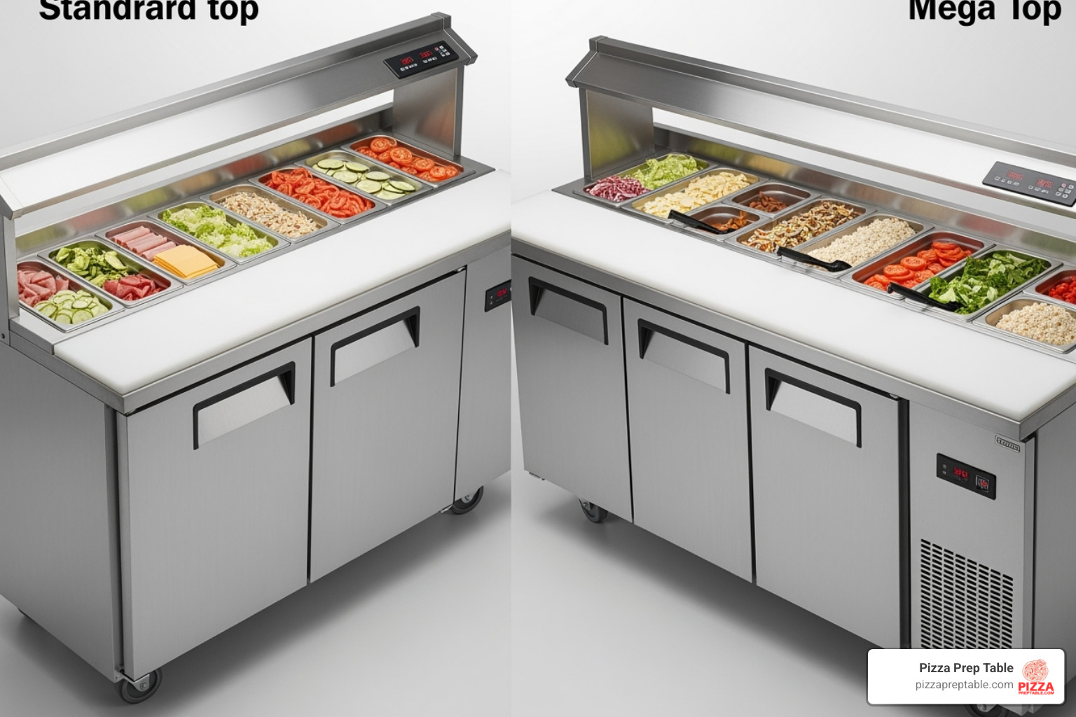 Image comparing a standard top and a mega top unit - sandwich station cooler Image comparing a standard top and a mega top unit - sandwich station cooler