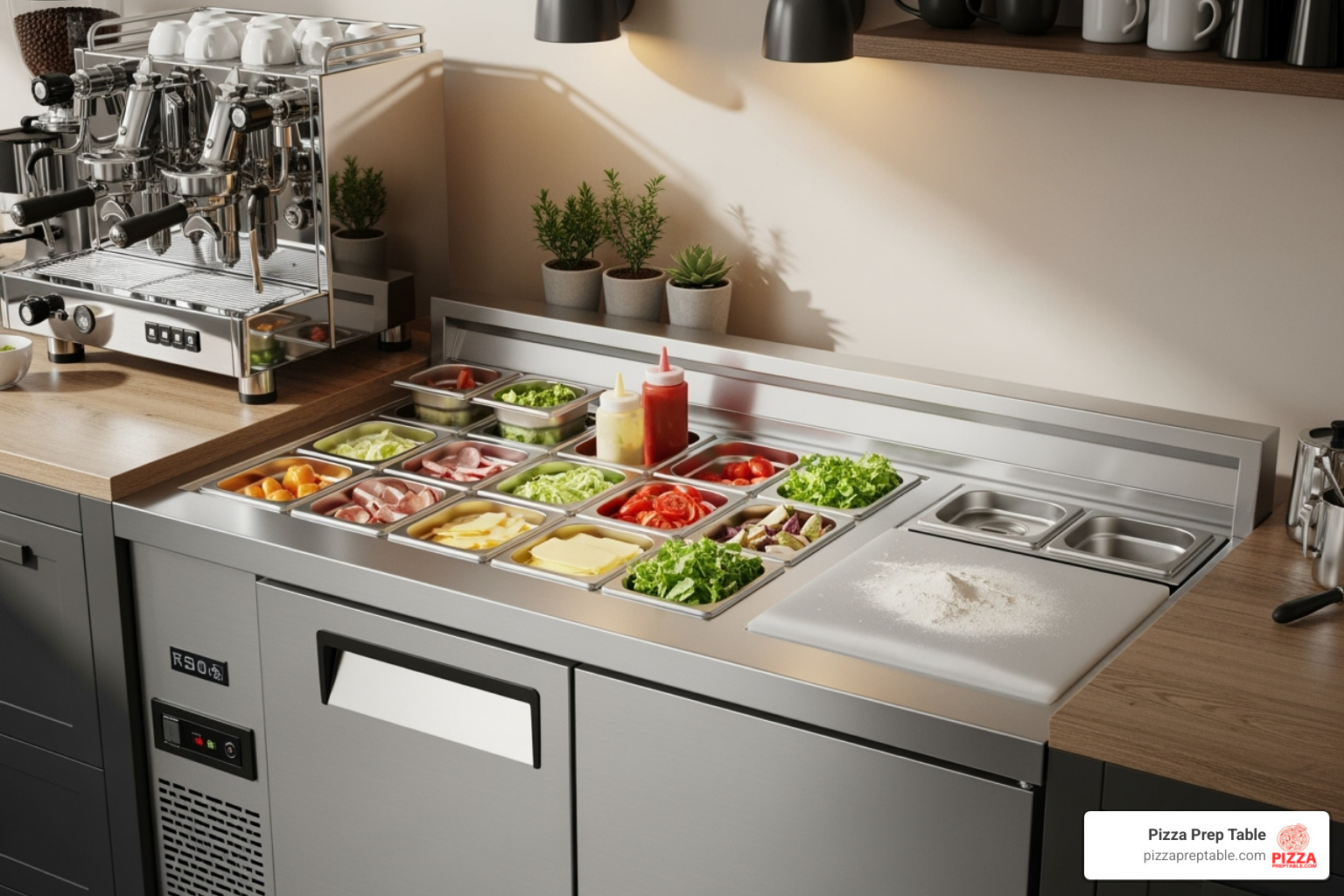 Image of a compact unit in a small cafe - sandwich station cooler Image of a compact unit in a small cafe - sandwich station cooler