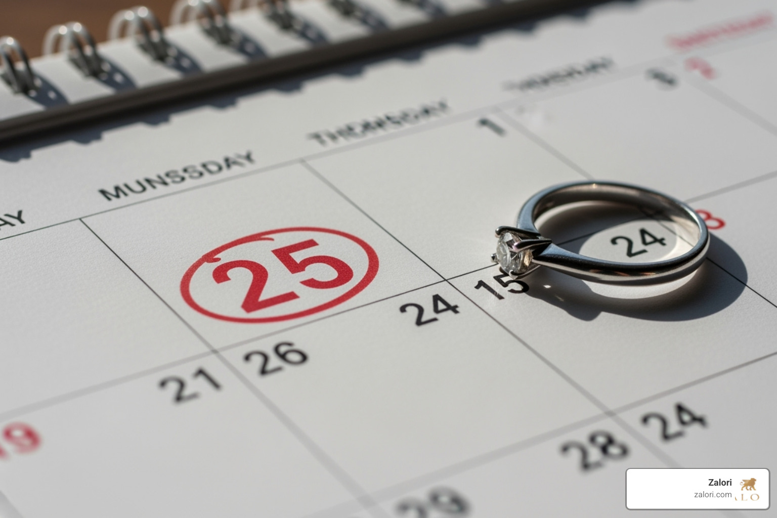 A calendar page showing a milestone anniversary, like "25th," with a silver ring next to it - Anniversary gift ring A calendar page showing a milestone anniversary, like "25th," with a silver ring next to it - Anniversary gift ring